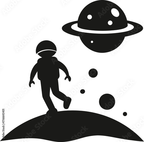 Astronaut in space looking to planet silhouette