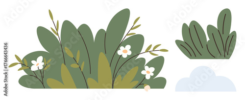 Dense green foliage adorned with small white flowers, leafy details, and a minimalistic cloud element. Ideal for nature themes, gardening, environment, eco-concepts, seasonal decoration, outdoor