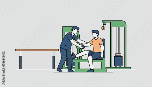 Physiotherapist in uniform helping a male patient perform rehabilitation exercises on a leg extension machine in a clinic setting, focusing on recovery and physical therapy for injury treatment