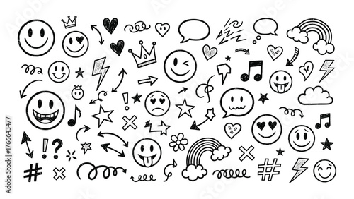 Doodle smiley faces hearts rainbows music notes and arrows collection fun hand drawn elements for creative projects