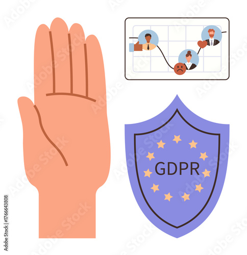 Stop hand, GDPR shield with stars, and personal data flowchart featuring user profiles. Ideal for privacy, compliance, data security, user rights, confidentiality consent online protection. Simple