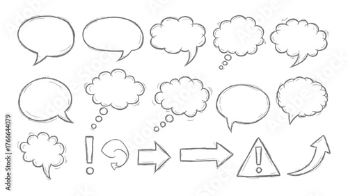 Collection of hand-drawn speech bubbles and icons for communication and ideas graphic design elements