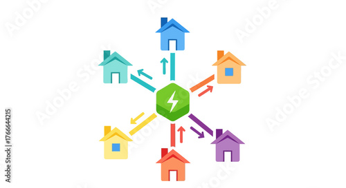 Concept of a community energy sharing network with colorful houses connected to a central power hub.