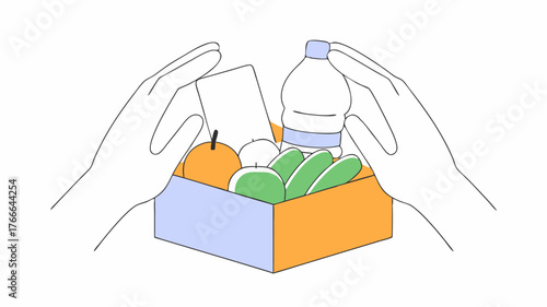 Closeup of hands carefully packing a box with food items showcasing the assortment of fruits granola bars and bottled water being p inside.
