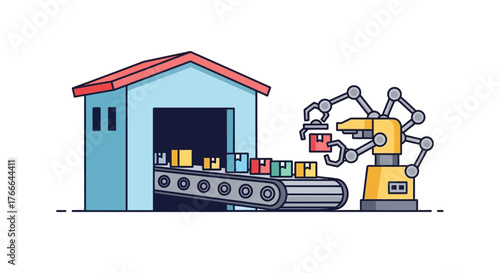 Warehouse scene with a conveyor belt, boxes, and a robotic arm for automation.
