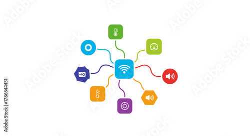 Colorful IoT network diagram with connected devices and wifi symbol.