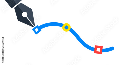 Illustration of a vector pen tool drawing a smooth blue Bézier curve with anchor points on a white background.