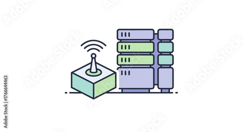 Illustration of a wireless router connected to a server rack, representing network infrastructure and data transmission.