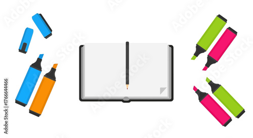 An open notebook with a pencil surrounded by various colorful highlighters and pens, representing study and office supplies.