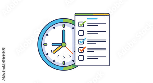 Clock and checklist illustration depicting time management and task completion.