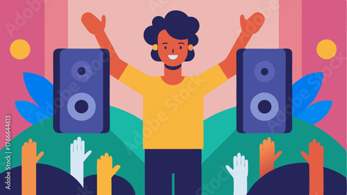 A speaker at the front of the room gesturing enthusiastically surrounded by a colorful backdrop of community artwork reflecting local culture.