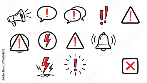 Collection of hand-drawn warning icons including megaphone exclamation mark alert symbols and danger signs for notifications