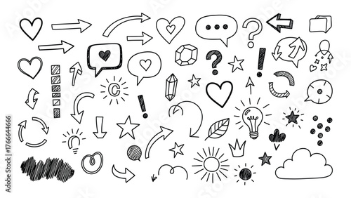 Collection of hand drawn doodle icons and symbols for creative projects and presentations including arrows hearts stars and more