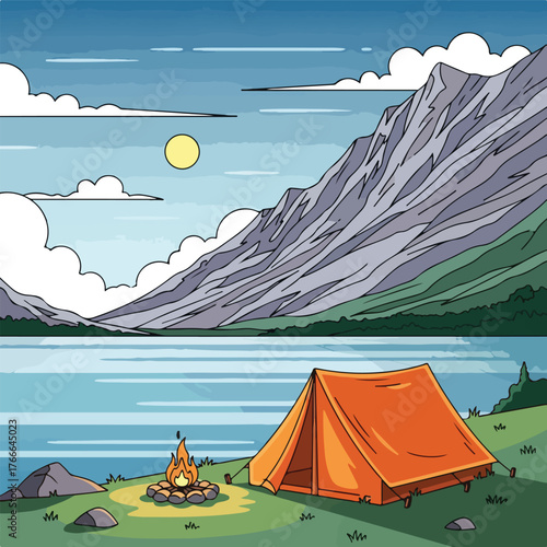Cartoon-style illustration of a serene camping scene with a tent and campfire by a lake, surrounded by mountains under a sunny sky with fluffy clouds.