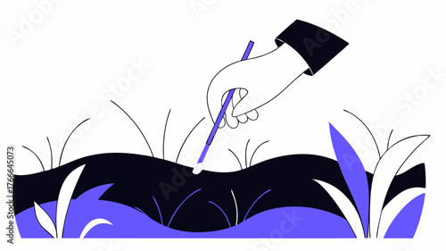 Closeup illustration of a reusable glovecovered hand picking up a colorful plastic straw from a riverbank surrounded by lush greenery and a flowing river with sunlight glinting off