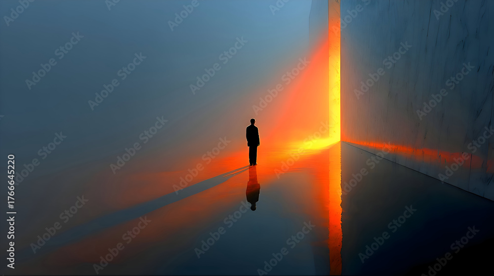 Obraz premium Silhouette of Man Standing in Orange Light by Concrete Wall