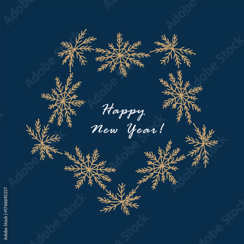 A New Year's frame of gold snowflakes on a blue background. The inscription "Happy New Year" appears on the frame. The frame features winter holiday elements. Perfect for Christmas cards, posters