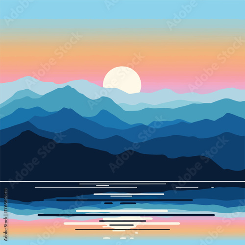 Illustration of a serene mountain range at sunset with a large sun, reflected in calm water, depicted in a flat, colorful style.