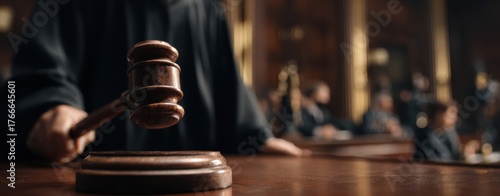 The Gavel on the Judge's Bench in a Dramatic Wood Lined Courtroom Interior