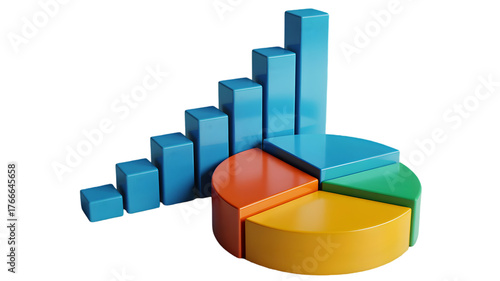 Vibrant 3d representation of financial growth and data analysis with bar and pie charts