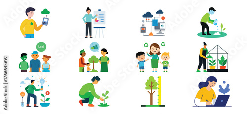 Diverse people caring for plants and nature illustrating environmental responsibility and sustainability concepts