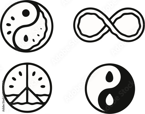 Set of black and white egg vector icons featuring cute cartoon faces and seamless pattern shapes for funny heart and smile button design