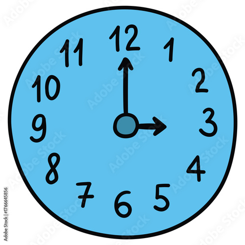 Hand-drawn cartoon blue round wall clock on a white background.