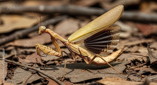 Praying Mantis with Open Wings on Forest Floor | Detailed Insect Close-up for Science and Nature Education Materials