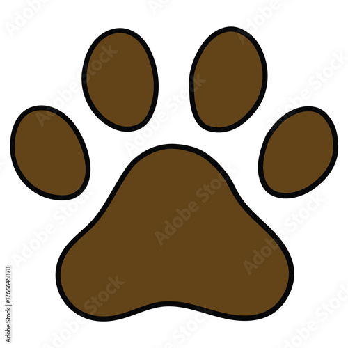 Hand-drawn cartoon brown paw print on a white background.