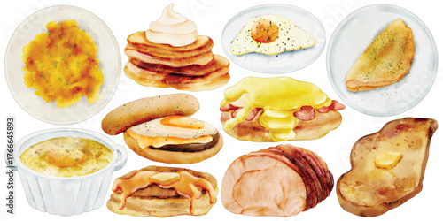 Watercolor Breakfast Brunch Clip Art Set Food Pancakes Fried Egg Scrambled Eggs Eggs Benedict Sausage Ham Bacon French Toast Omelet Illustration Cafe Menu Morning Meal