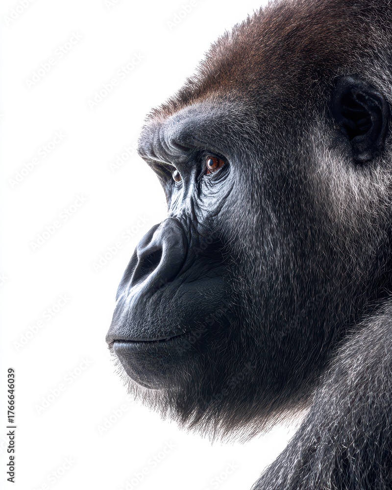 Obraz premium Gorilla Profile. Isolated Ape Portrait on White Background for Close-up Wildlife Editing