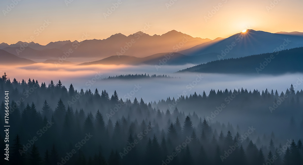 Fototapeta premium Misty Mountain Sunrise - A Serene Landscape of Forest and Peaks.