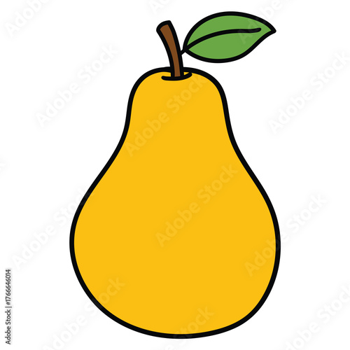 Hand-drawn cartoon yellow pear with green leaf on a white background.