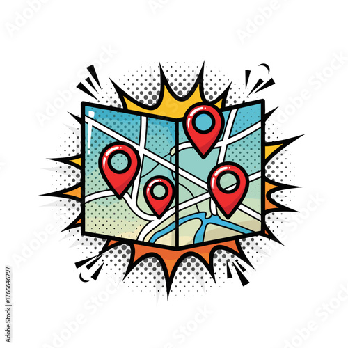 Colorful pop art style map with location pins and comic effects  