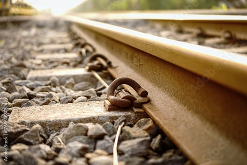 An extreme close-up, low-angle shot of a train track with a metal clip securing the rail to a concrete sleeper, under soft light.