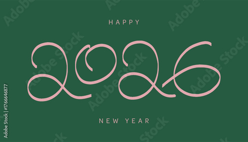 Hand drawn lettering 2026 festive greeting card with crayon lettering, 2026 crayon doodle style handwriting for new year and christmas. Green bg