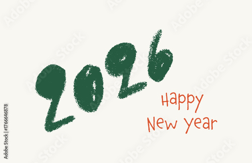 Cute 2026 new year greeting card in child handwriting, doodle crayon 2026 lettering for christmas and new year vector illustration.