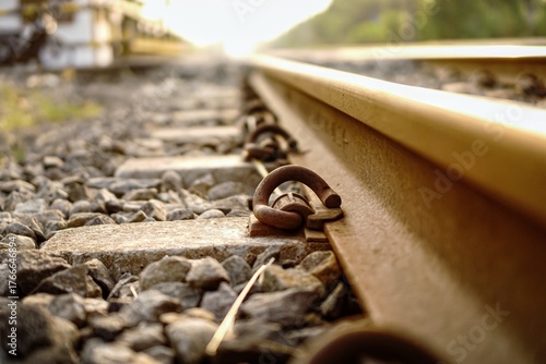 Close-up shot of railroad tracks with a selective focus on a metal rail clip and gravel, under bright sunlight.