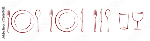 Elegant line art tableware and dining utensils set isolated on transparent background