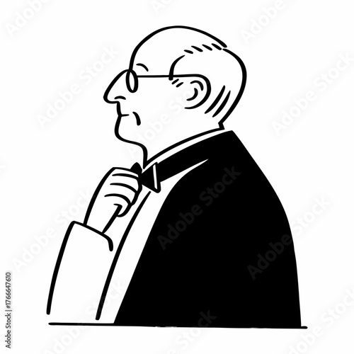 Senior man adjusting bowtie in formal attire with side profile  