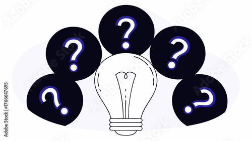 A vibrant lightbulb surrounded by question marks symbolizing enlightenment and understanding showcasing the idea of inquiry and outreach through knowledge.