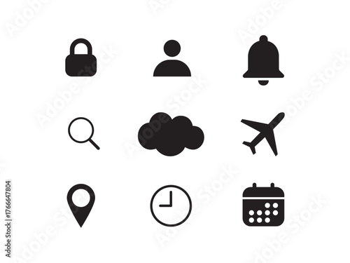 user, search, calendar, clock, lock, location, weather, travel, bell icons for ui design