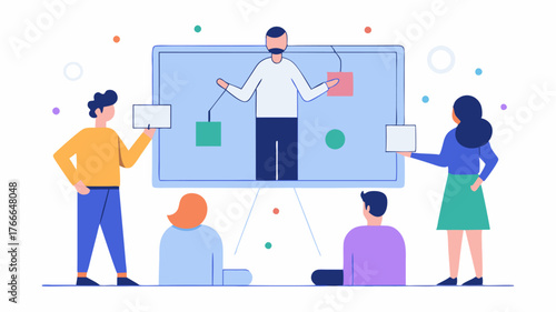 An enormous central interactive screen displaying a virtual whiteboard with participants able to draw and manipulate images simultaneously.