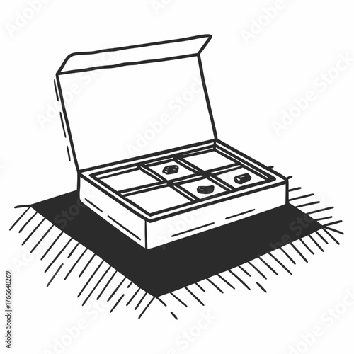 Open sushi box with six compartments on a flat surface  