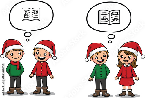 Happy children singing Christmas carols together wearing Santa hats and festive clothes, holiday music vector illustration with joyful kids expression