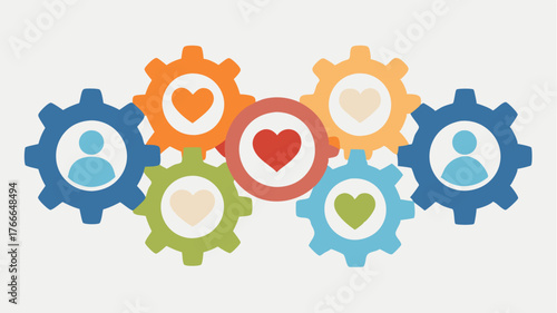 A series of gears labeled with different community values trust respect kindness turning together representing the mechanics of a strong community.