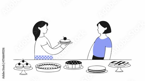 Neighbors exchanging baked goods with a display of pies and cakes on a table warmly smiling at each other while enjoying the aroma of freshly baked treats in the air.