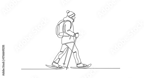 Snowshoe walking with backpack in minimal line drawing style
