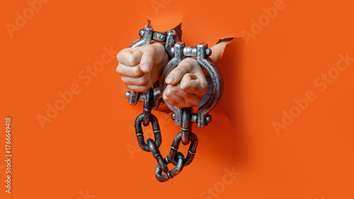 Two clenched hands in chained metal shackles emerge from a torn orange paper background.