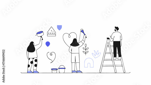 Global Art Mural Neighbors collaboratively painting a mural that represents their cultural icons and symbols creating a vibrant visual tapestry on a community wall.